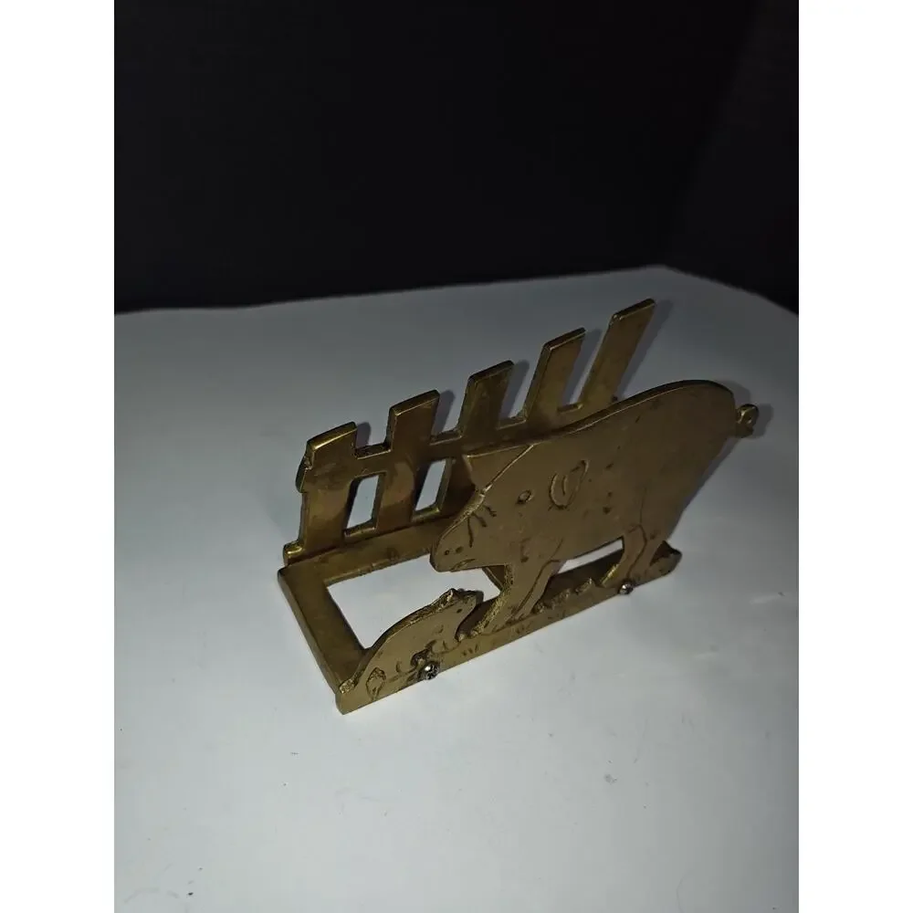 Vintage Brass Farm Pig Family & Fence Napkin Letter Holder Homestead Old Kitchen
